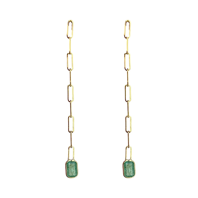 14k Yellow Gold Paperclip Emerald Drop Earrings