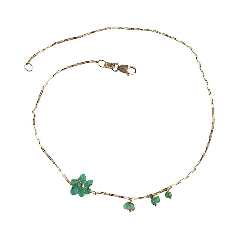 14k Yellow Gold Paperclip Chain and Emerald Flower Anklet