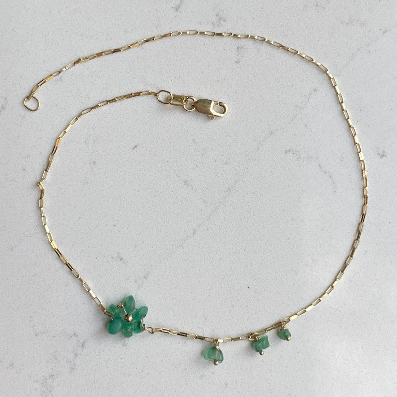14k Yellow Gold Paperclip Chain and Emerald Flower Anklet