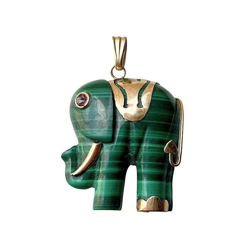 Malachite Elephant Charm Tourmaline Eye+14k Yellow Gold