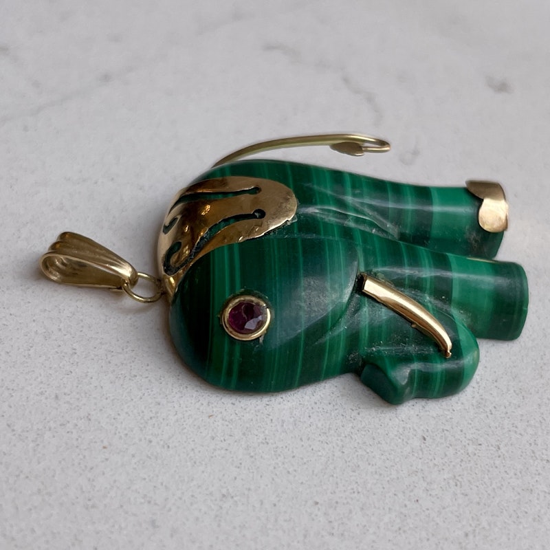 Malachite Elephant Charm Tourmaline Eye+14k Yellow Gold