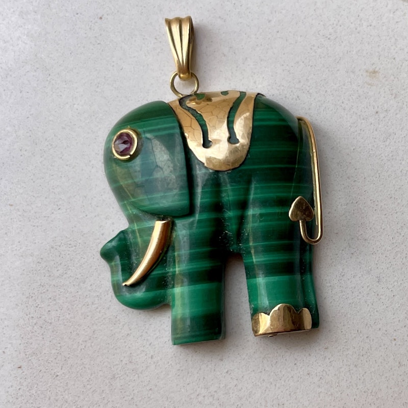 Malachite Elephant Charm Tourmaline Eye+14k Yellow Gold