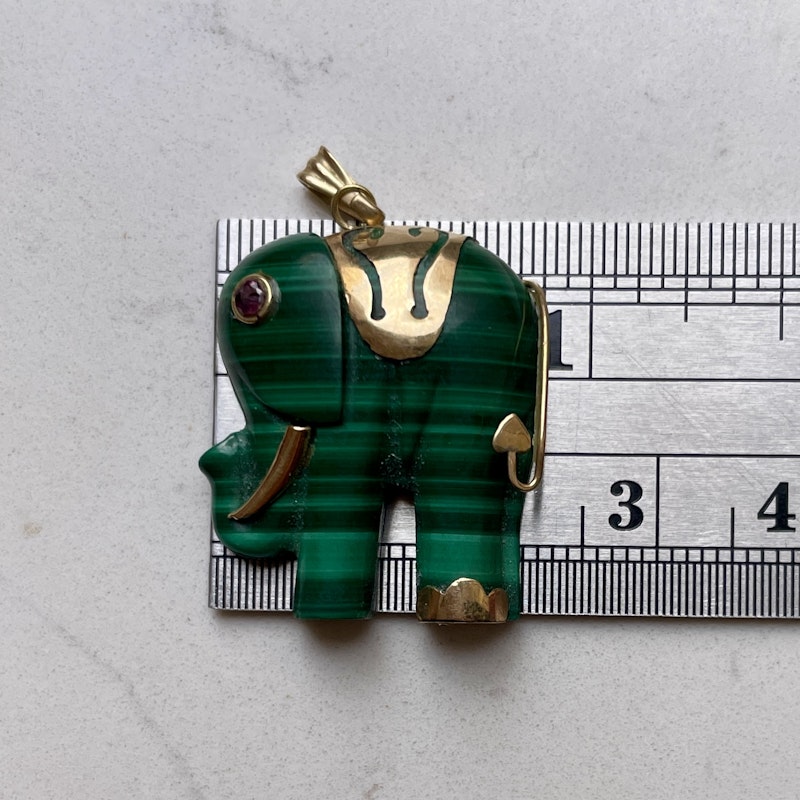 Malachite Elephant Charm Tourmaline Eye+14k Yellow Gold