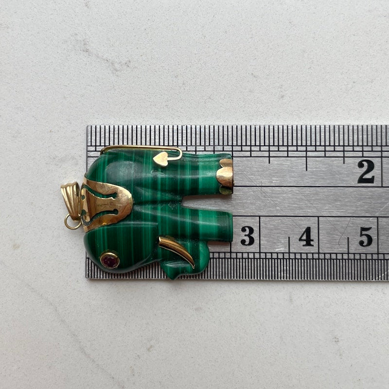 Malachite Elephant Charm Tourmaline Eye+14k Yellow Gold