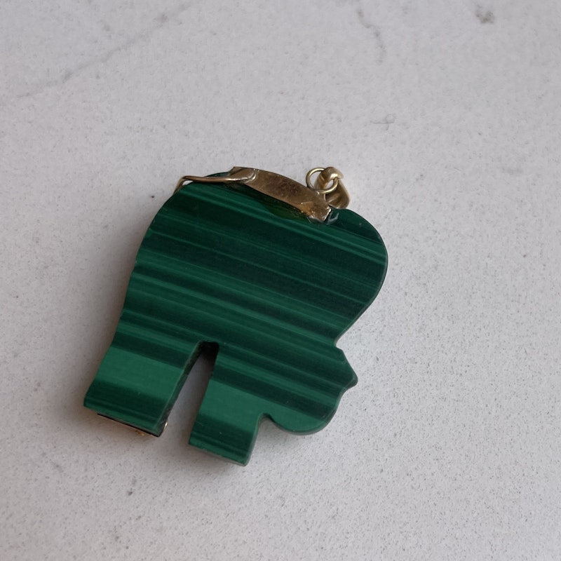 Malachite Elephant Charm Tourmaline Eye+14k Yellow Gold