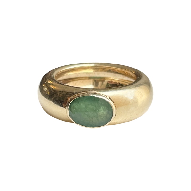 18k Yellow Gold Oval Cut Emerald Tube Ring, size 7