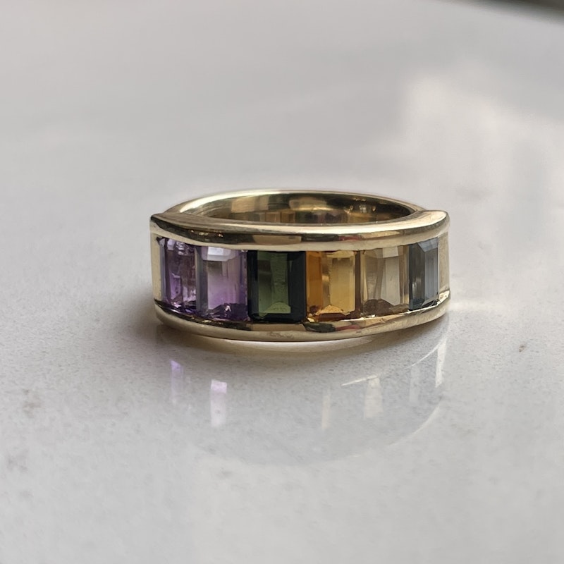 14k Yellow Gold Ombre Rainbow Muti Gemstone Ring *2of2