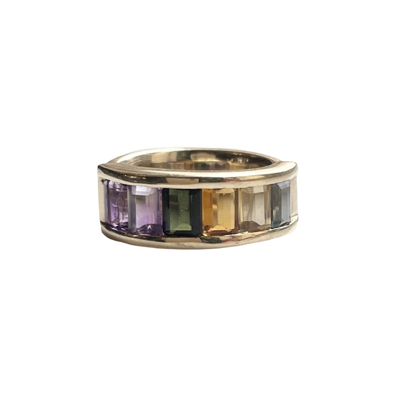 14k Yellow Gold Ombre Rainbow Multi Gemstone Ring *1of2