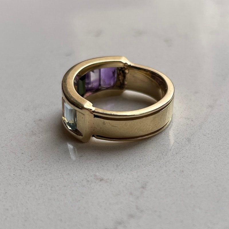 14k Yellow Gold Ombre Rainbow Multi Gemstone Ring *1of2
