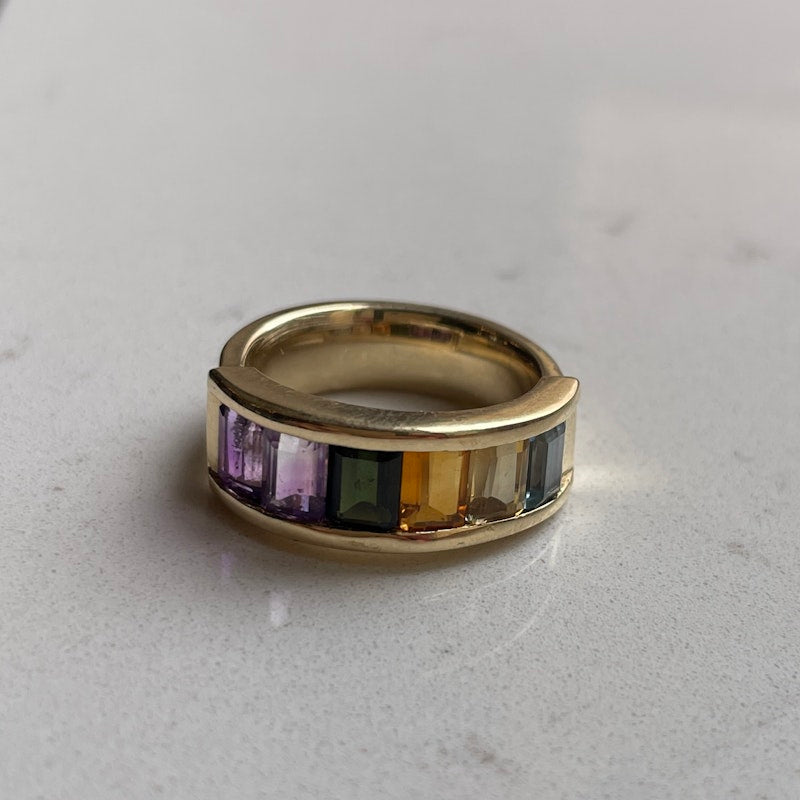14k Yellow Gold Ombre Rainbow Multi Gemstone Ring *1of2