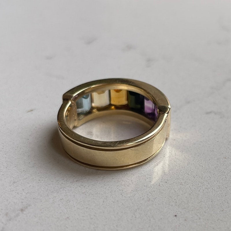 14k Yellow Gold Ombre Rainbow Multi Gemstone Ring *1of2