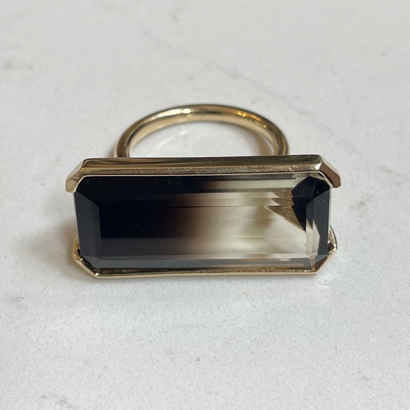 14k Yellow Gold Bi Colored Horizontal Smokey Quartz Ring