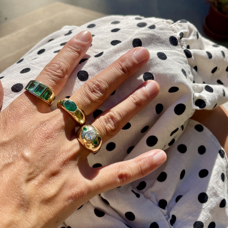 14k Yellow Gold Pear Shaped Diamond+Emerald Dome Ring