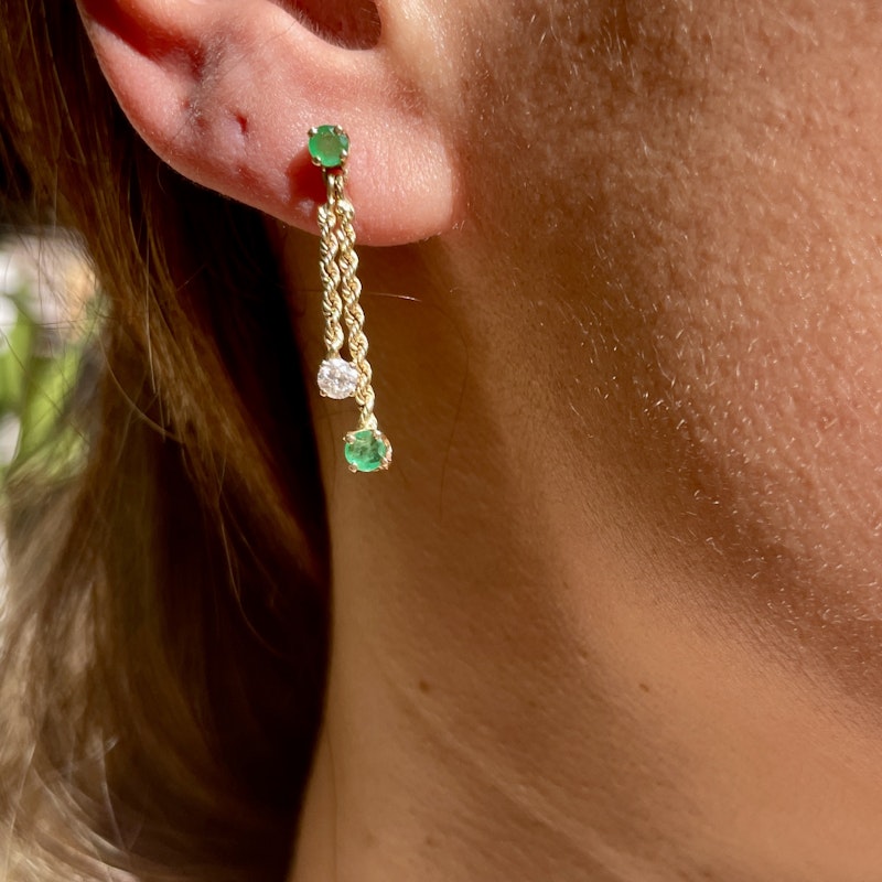 14k Yellow Gold Diamond+Emerald Rope Chain Dangle Earrings