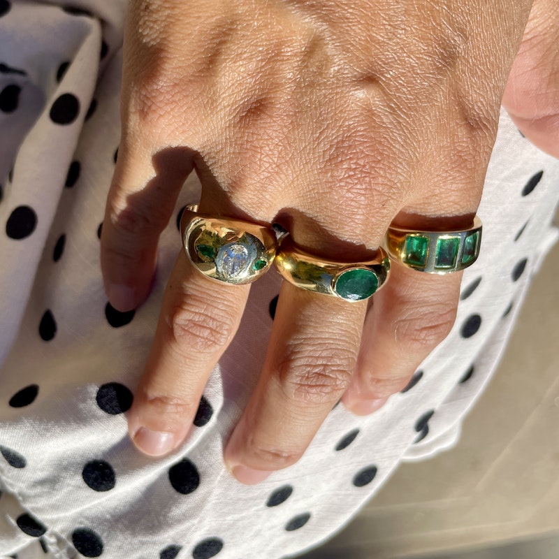 14k Yellow Gold 3 Emerald Tapered Ring, size 8