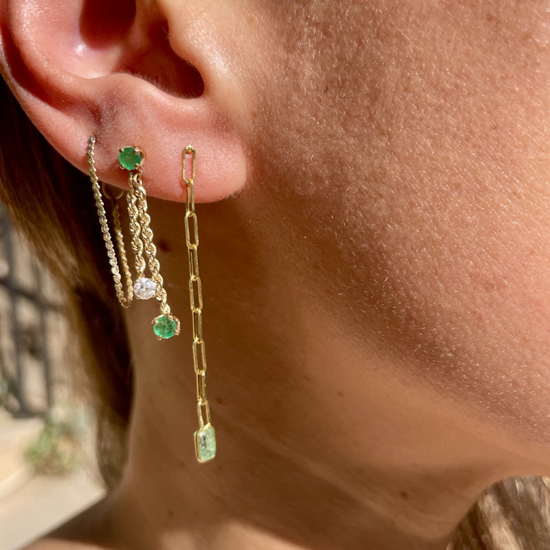 14k Yellow Gold Paperclip Emerald Drop Earrings