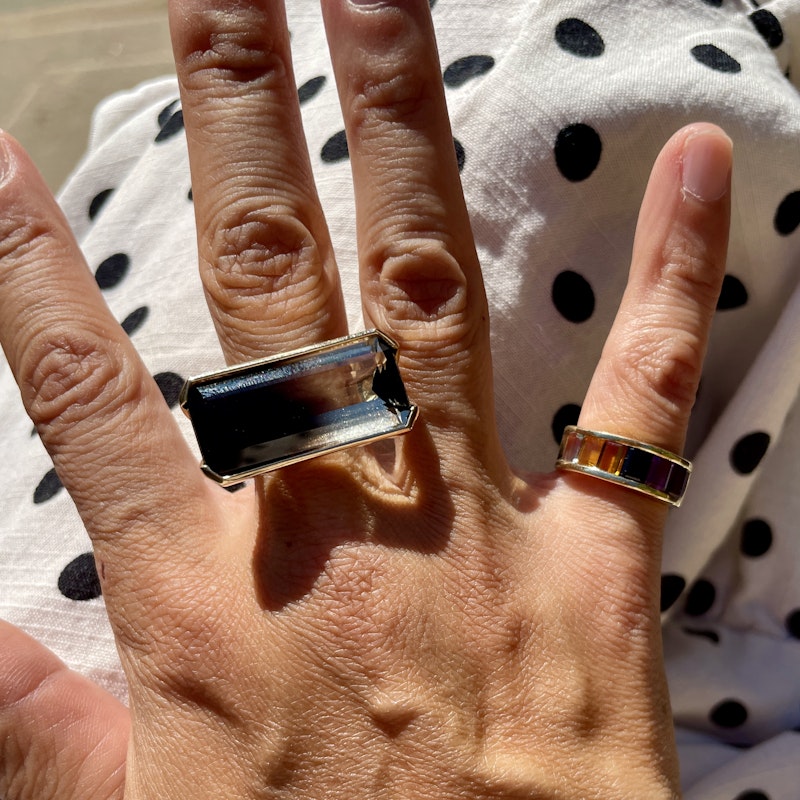14k Yellow Gold Bi Colored Horizontal Smokey Quartz Ring
