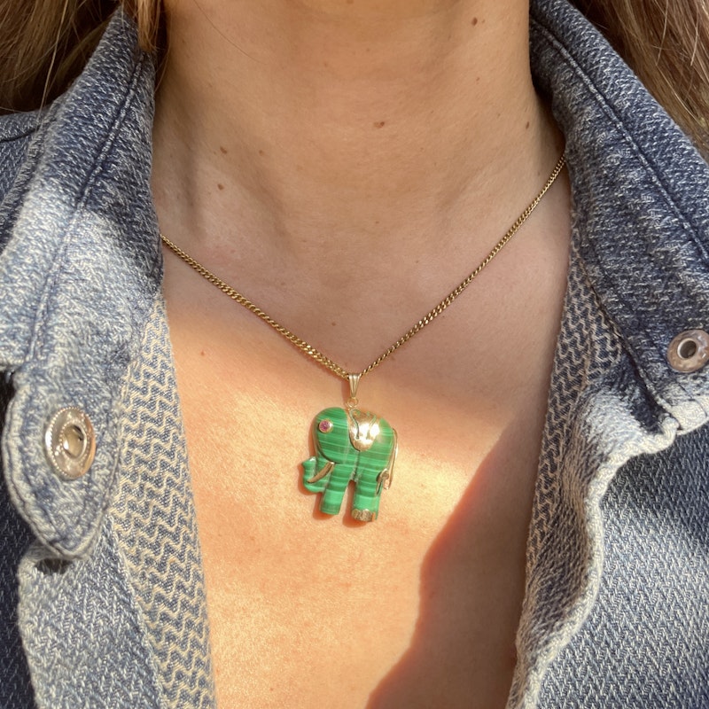 Malachite Elephant Charm Tourmaline Eye+14k Yellow Gold