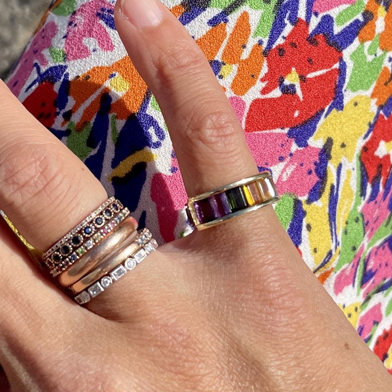 14k Yellow Gold Ombre Rainbow Multi Gemstone Ring *1of2