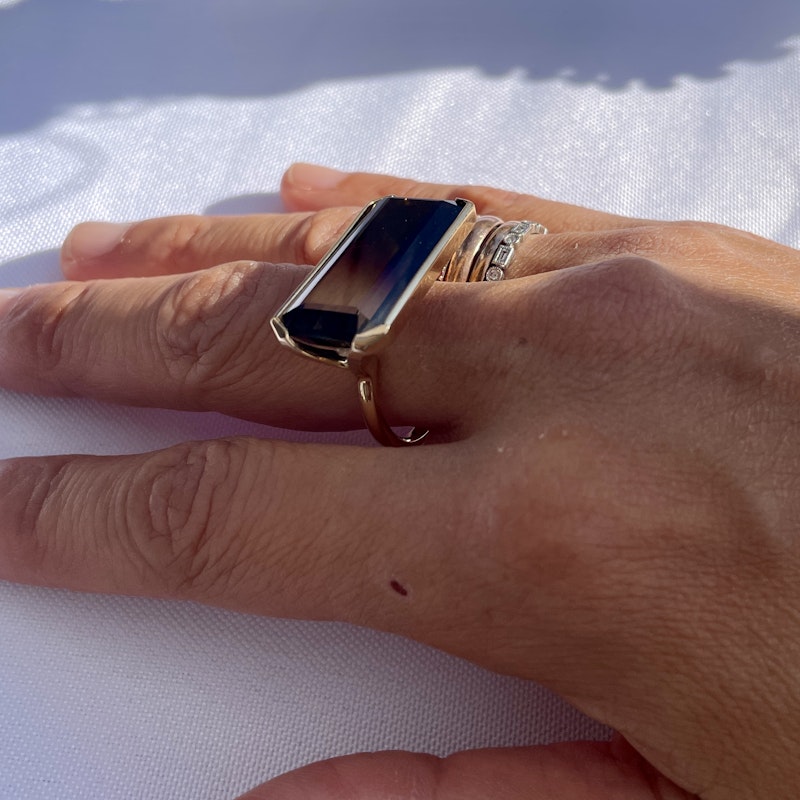 14k Yellow Gold Bi Colored Horizontal Smokey Quartz Ring