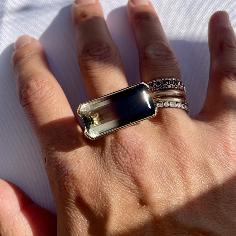 14k Yellow Gold Bi Colored Horizontal Smokey Quartz Ring