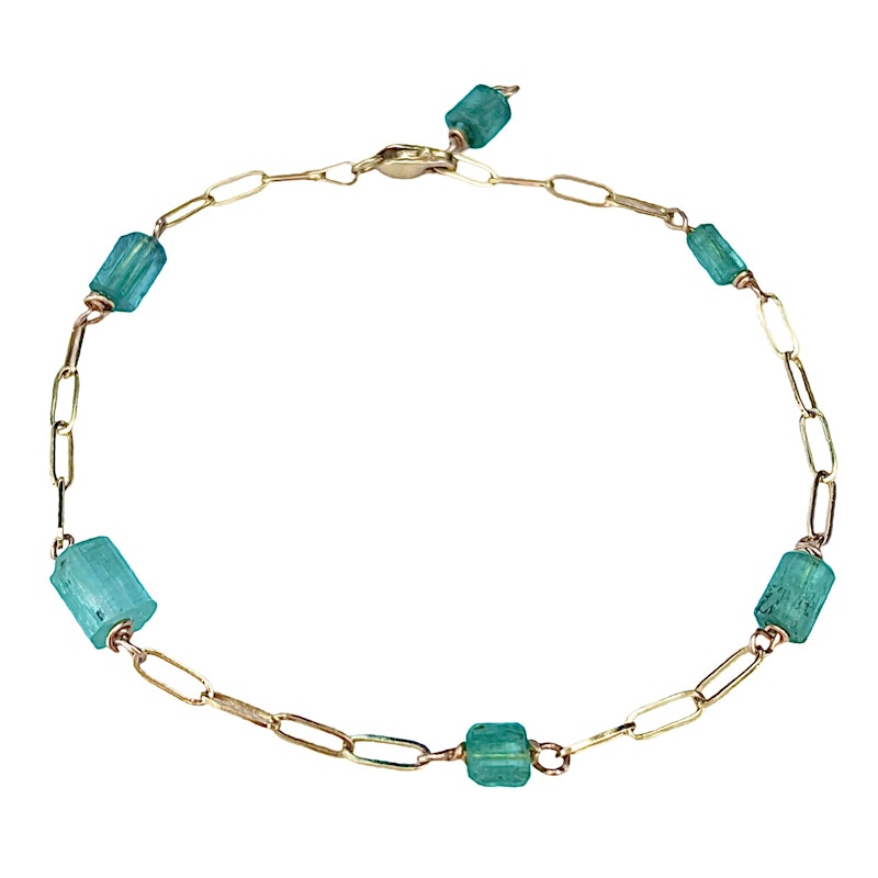 14k Yellow Gold Raw Emerald Paperclip Chain Bracelet