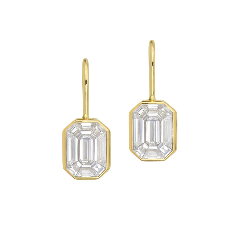 14k Yellow Gold Illusion Set Mosaic Diamond Dangle Earrings