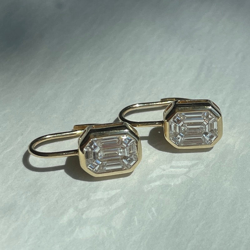 14k Yellow Gold Illusion Set Mosaic Diamond Dangle Earrings