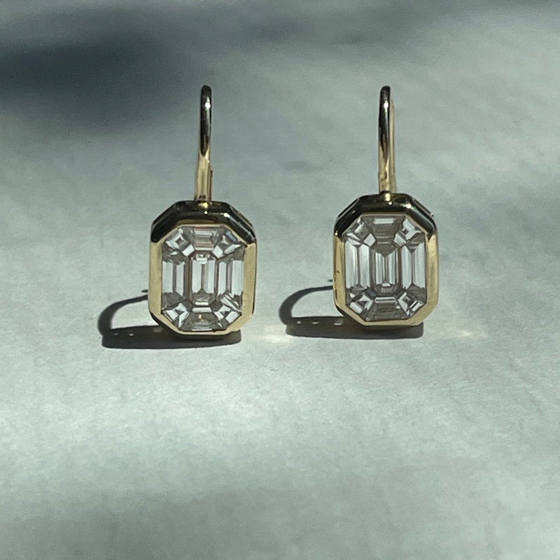 14k Yellow Gold Illusion Set Mosaic Diamond Dangle Earrings