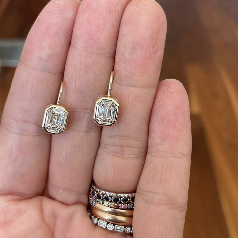 14k Yellow Gold Illusion Set Mosaic Diamond Dangle Earrings