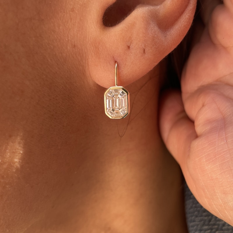 14k Yellow Gold Illusion Set Mosaic Diamond Dangle Earrings
