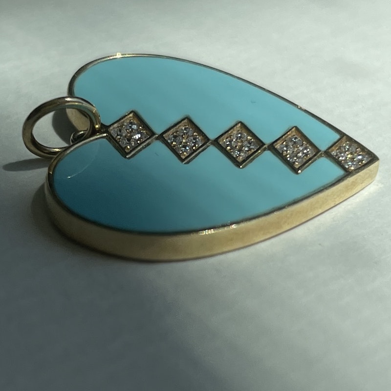 14k Yellow Gold Turquoise and Diamond Heart Pendant