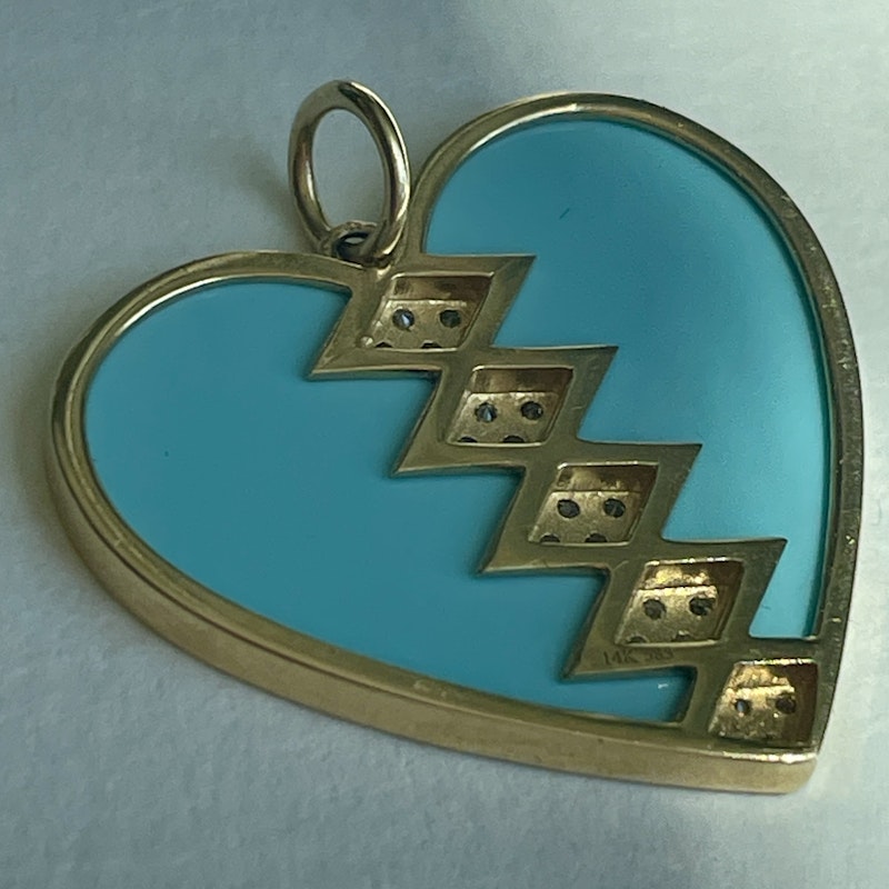 14k Yellow Gold Turquoise and Diamond Heart Pendant