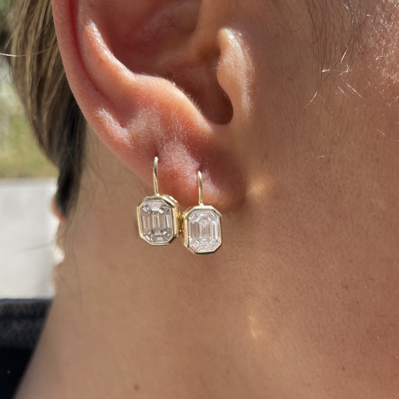 14k Yellow Gold Illusion Set Mosaic Diamond Dangle Earrings