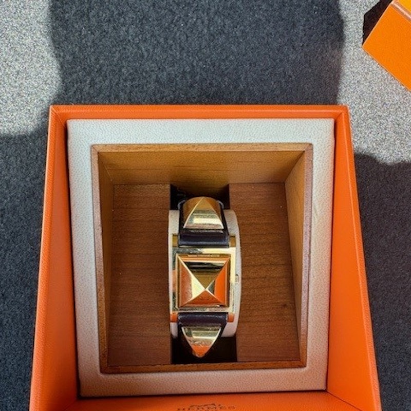 Hermès Medor Watch with Gold and Dark Burgundy Leather