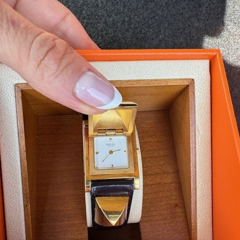 Hermès Medor Watch with Gold and Dark Burgundy Leather