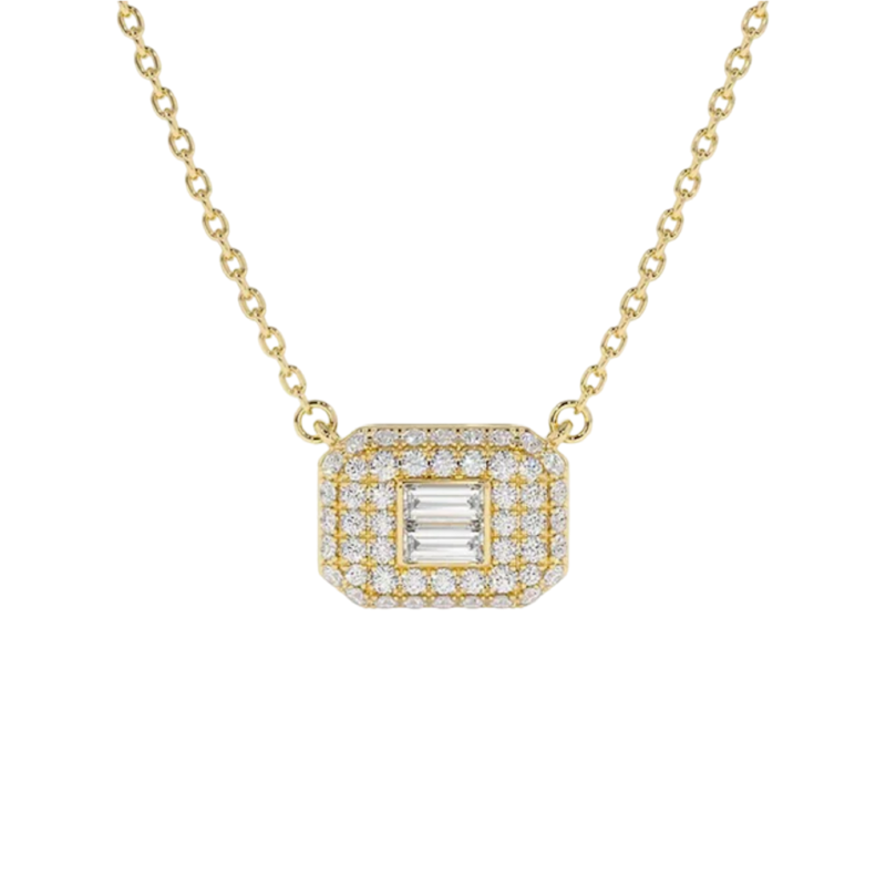 14k Yellow Gold Baguette and Pave Diamond Rectangle Necklace
