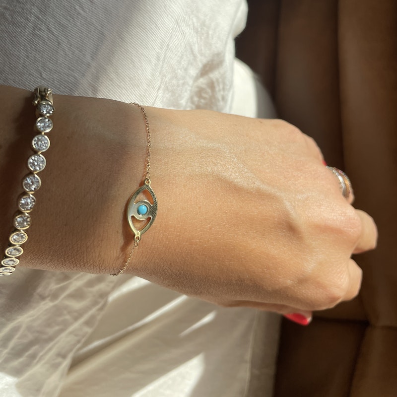 14k Yellow Gold and Turquoise Evil Eye Bracelet