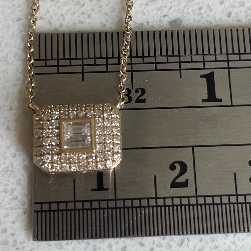 14k Yellow Gold Baguette and Pave Diamond Rectangle Necklace