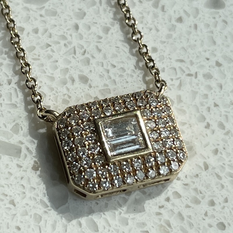 14k Yellow Gold Baguette and Pave Diamond Rectangle Necklace