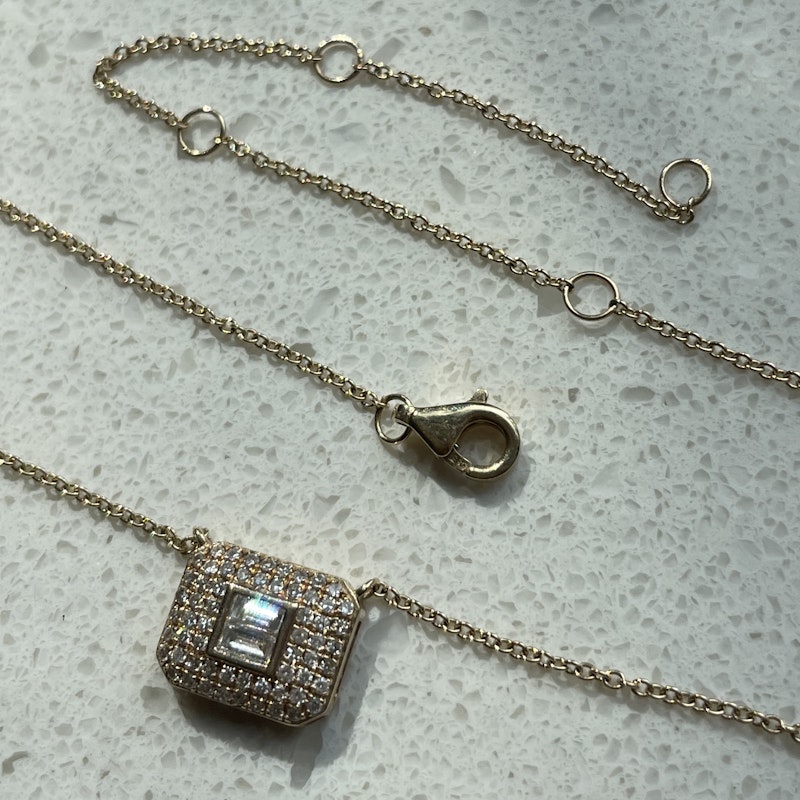 14k Yellow Gold Baguette and Pave Diamond Rectangle Necklace