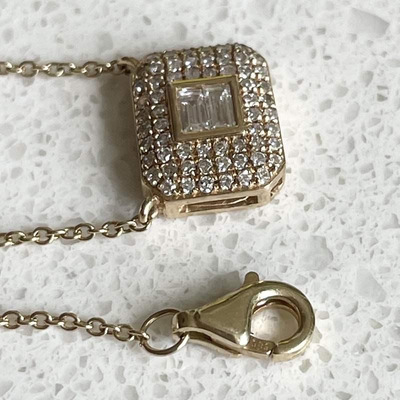 14k Yellow Gold Baguette and Pave Diamond Rectangle Necklace