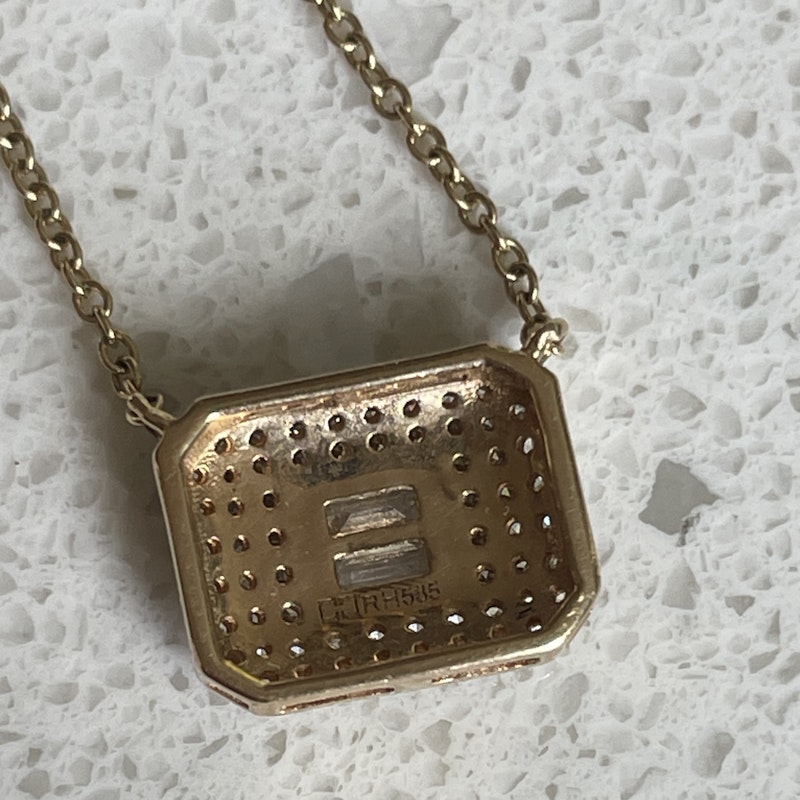 14k Yellow Gold Baguette and Pave Diamond Rectangle Necklace