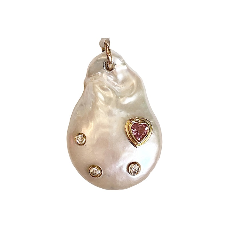 14k Diamond and Pink Heart Tourmaline Baroque Pearl Pendant
