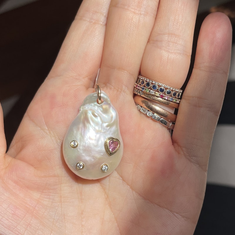 14k Diamond and Pink Heart Tourmaline Baroque Pearl Pendant