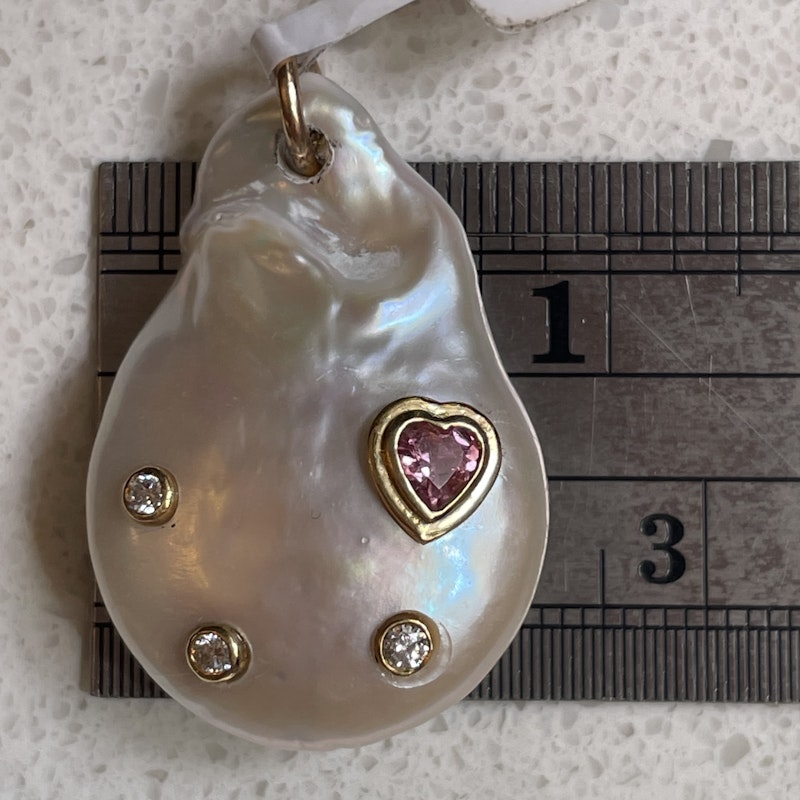 14k Diamond and Pink Heart Tourmaline Baroque Pearl Pendant