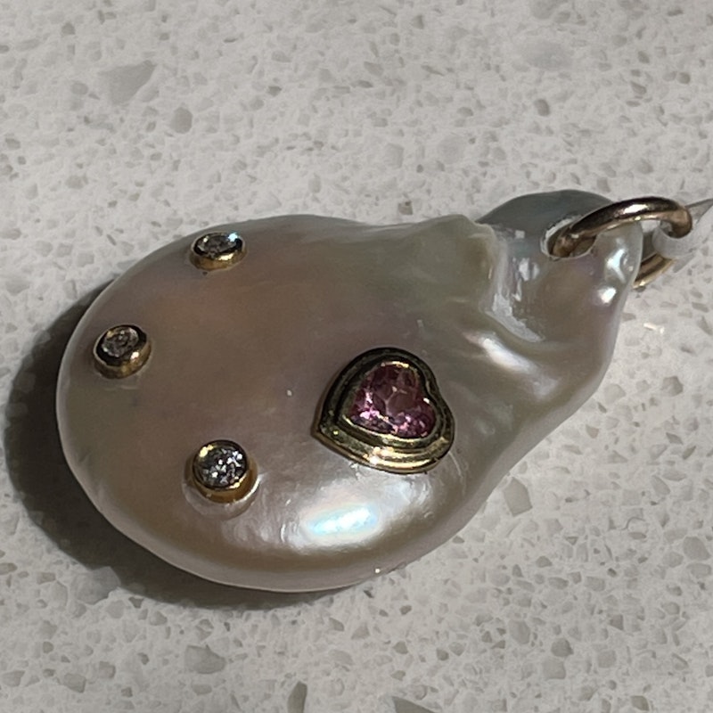 14k Diamond and Pink Heart Tourmaline Baroque Pearl Pendant