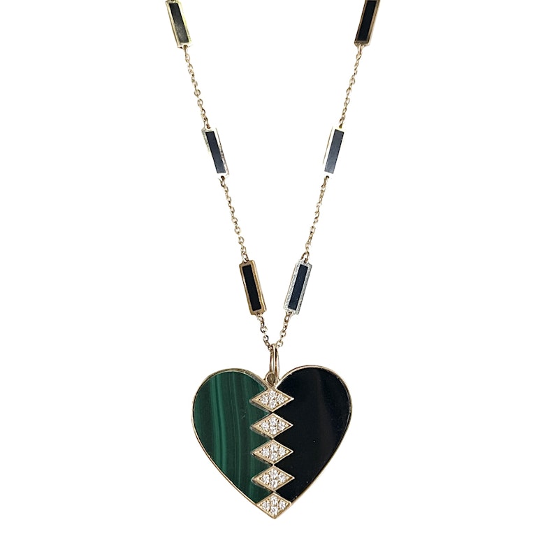Malachite and Black Agate Diamond Heart Pendant Necklace