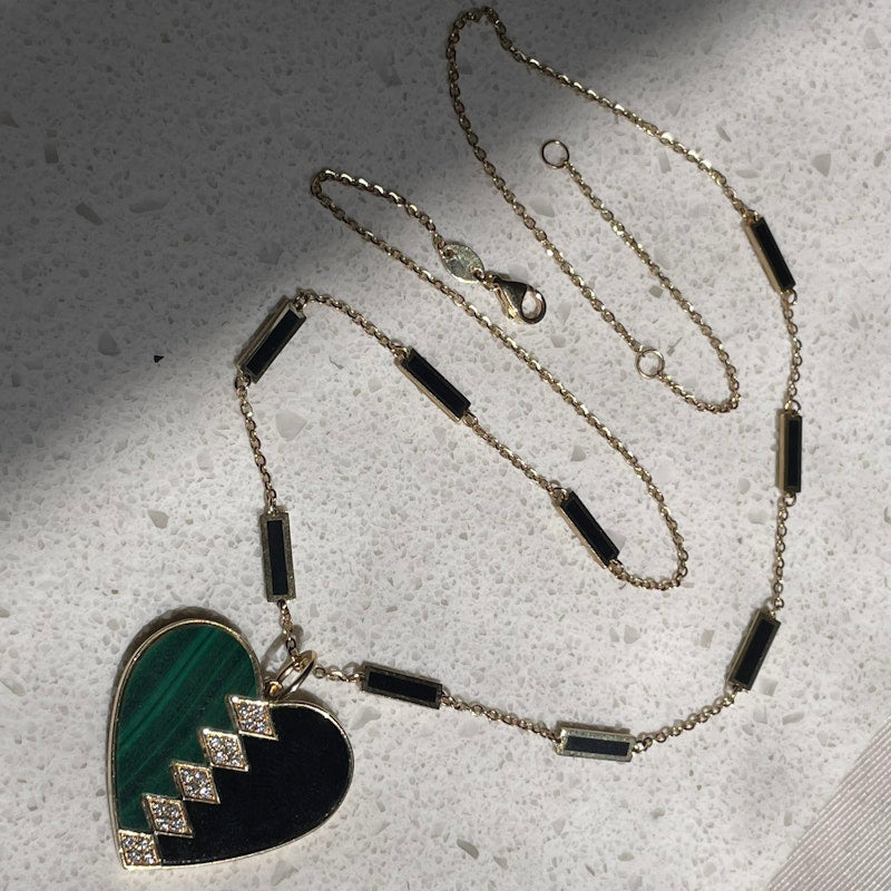 Malachite and Black Agate Diamond Heart Pendant Necklace