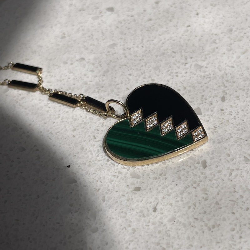 Malachite and Black Agate Diamond Heart Pendant Necklace